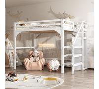 Lit mezzanine 140*200 cm avec sommier à lattes, avec escalier, avec penderie, lit enfant et rangements. Blanc