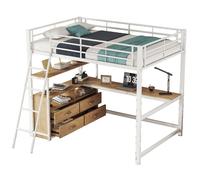 Lit Mezzanine 140/200 cm blanc aus MDF et métal avec bureau L et tiroirs