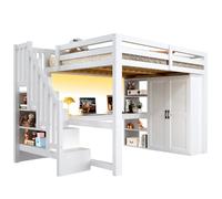 Lit mezzanine 140/200 cm blanc aus MDF, pin et contreplaqué avec bureau et LED