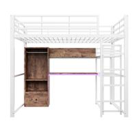 Lit Mezzanine 140/200 cm blanc aus métal et MDF avec LED bureau et rangements