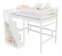 Lit Mezzanine 140/200 cm blanc en bois avec escalier de rangement