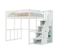 Lit mezzanine 140/200 cm blanc en bois avec escalier de rangement sécurisé
