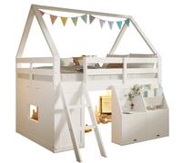Lit mezzanine 140/200 cm blanc en bois avec LED et rangements