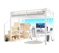 Lit mezzanine 140/200 cm blanc en MDF et métal avec rangements et LED