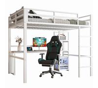 Lit Mezzanine 140/200 cm blanc en métal avec bureau étagères et prises USB