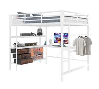Lit Mezzanine 140/200 cm blanc en métal avec bureau LED et rangements