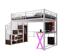 Lit Mezzanine 140/200 cm blanc en métal et MDF avec bureau, armoire et LED