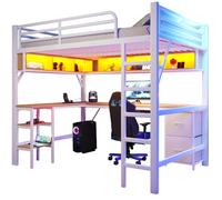 Lit Mezzanine 140/200 cm blanc en métal et MDF avec bureau LED et USB