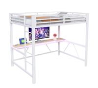 Lit Mezzanine 140/200 cm blanc en métal et MDF avec bureau LED et USB