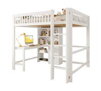 Lit Mezzanine 140/200 cm blanc en pin avec bureau et 3 tiroirs