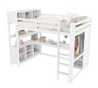 Lit Mezzanine 140/200 cm blanc en pin avec bureau et rangements intégrés