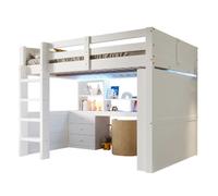 Lit Mezzanine 140/200 cm blanc en pin avec LED bureau et rangements