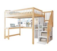 Lit Mezzanine 140/200 cm blanc et naturel en pin avec LED et bureau