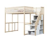 Lit mezzanine 140/200 cm bois naturel aus pin massif avec escalier de rangement