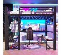 Lit mezzanine, 140 × 200 cm, en métal, avec bande lumineuse LED, avec étagères, bureau en bois, tringle à linge, sans matelas, noir