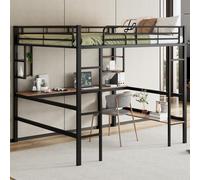 Lit mezzanine, 140 × 200 cm, lit en métal avec bureau, 4 petites étagères et une grande bibliothèque, sans matelas, pour enfants, adolescents et adultes, noir