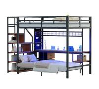 Lit Mezzanine 140/200 cm noir aus métal et bois avec bureau LED et rangements