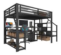 Lit Mezzanine 140/200 cm noir en métal avec bureau et LED intégrée