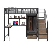 Lit Mezzanine 140/200 cm noir en métal avec bureau et rangements LED