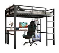 Lit Mezzanine 140/200 cm noir en métal avec bureau prises USB et étagères