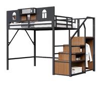 Lit Mezzanine 140/200 cm noir en métal avec échelle de rangement