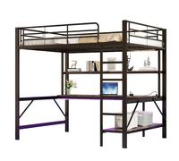 Lit Mezzanine 140/200 cm noir en métal avec LED USB bureau et étagères