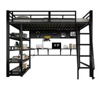Lit Mezzanine 140/200 cm noir en métal et bois avec rangements et port de charge