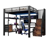 Lit Mezzanine 140/200 cm noir en métal et MDF avec bureau et rangements