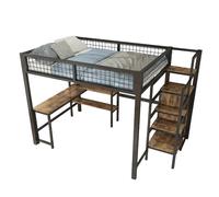 Lit Mezzanine 140/200 cm noir et brun en métal et MDF avec bureau