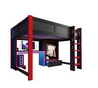 Lit mezzanine 140/200 cm noir et rouge en pin avec bureau gaming LED