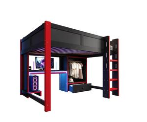 Lit mezzanine 140/200 cm noir et rouge en pin avec bureau gaming LED