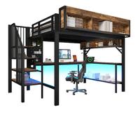Lit mezzanine 140/200 cm noir et vintage en bois avec bureau d'angle