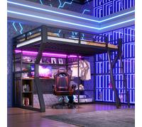 Lit mezzanine, 140 × 200 cm, structure en fer avec bande lumineuse, prise électrique, penderie, bureau, rangements et étagères, espace ouvert sous le lit, sans matelas, noir