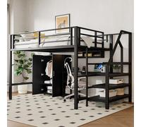 Lit mezzanine 140 x 200 cm avec bureau, armoire et étagère - Lit en métal pour enfant - Peu encombrant - Silencieux - Solide - Sans matelas - Noir