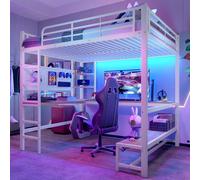 Lit mezzanine 140 x 200 cm avec bureau et éclairage LED, blanc, lit en métal avec prise USB Type-C, panneau perforé et étagères, lit superposé robuste avec échelle et barrière de sécurité