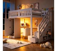 Lit mezzanine 140 x 200 cm avec bureau et prise électrique européenne, escalier avec espace de rangement,lit mezzanine 2 places avec banc et espace de stockage, LED multicolore,armoire unique