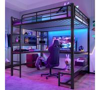 Lit mezzanine 140 x 200 cm avec bureau, lit en métal, lit loft avec éclairage LED, prise USB Type-C, panneau perforé et étagères, lit d'enfant robuste, lit pour adolescent, noir