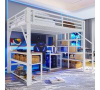 Lit mezzanine 140 x 200 cm avec bureau, structure en métal avec bande lumineuse LED et port USB, escalier avec espace de rangement et garde-corps de sécurité, structure en fer stable, sans matelas, bl