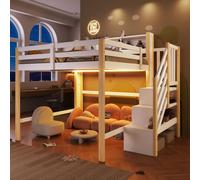 Lit mezzanine 140 x 200 cm avec éclairage LED et escalier, espace de rangement, lit d'enfant en pin et MDF, lit superposé, lit ludique, sans matelas, blanc naturel