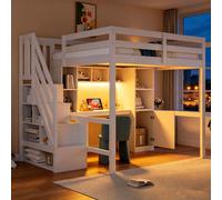 Lit mezzanine 140 x 200 cm avec escalier, blanc | Lit multifonction en bois avec bureau, armoire, éclairage LED et prise électrique | Lit d'enfant et de jeune solide avec barrière de sécurité