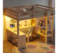 Lit mezzanine 140 x 200 cm avec étagères multifonctions et bureau sous le lit – Lit en bois naturel, avec éclairage LED et port USB, pour chambre d'enfant et d'adolescent