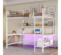 Lit mezzanine 140 x 200 cm, avec garde-corps et escabeau, prise USB, prise électrique, lampes LED, bureau et étagère à plusieurs niveaux, sans matelas, en métal pour chambre d'enfant, blanc