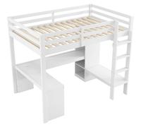 Lit mezzanine 140 x 200 cm - En bois - Avec étagère - Table de chevet - Éclairage LED et port de recharge USB - Pour enfants et adolescents - Vert militaire