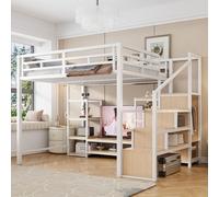 Lit mezzanine 140 x 200 cm, lit superposé pour enfants avec support TV, prise électrique, échelle de sécurité, structure solide en métal et bois, peu encombrant avec espace de rangement, blanc