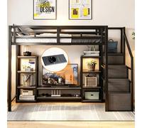 Lit mezzanine 140 x 200 cm, lit superposé pour enfants avec support TV, prise électrique, échelle de sécurité, structure solide en métal et bois, peu encombrant avec espace de rangement, noir