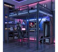 Lit Mezzanine 140x200 avec bureau, lit superposé avec LED, power outlets, wardrobe, Espace de Rangement et échelle de sécurité, Sommier à Lattes en métal, lit en hauteur pour enfants et adultes