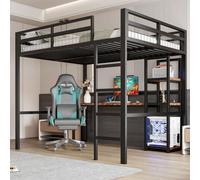 Lit mezzanine 140x200 cm avec bureau, étagères, prise, USB, USB-C, escalier et garde-corps de sécurité, lit en métal avec espace de rangement, noir