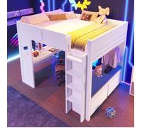 Lit Mezzanine 140x200 cm avec Bureau Intégré et Tiroir - Lit Combiné Fonctionnel en Bois, Sans Matelas, Blanc