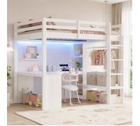 Lit Mezzanine 140x200 cm avec Bureau Intégré, Étagères Multifonctions, Penderie ouverte, Éclairage LED et Port USB, Blanc