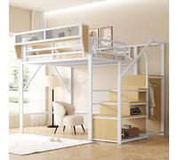 Lit mezzanine 140x200 cm avec échelle de sécurité et étagère réglable, lit en métal avec espace de rangement, lit gain de place pour adultes et enfants, blanc